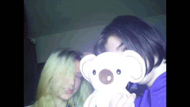 a woman holding a stuffed koala bear behind her face