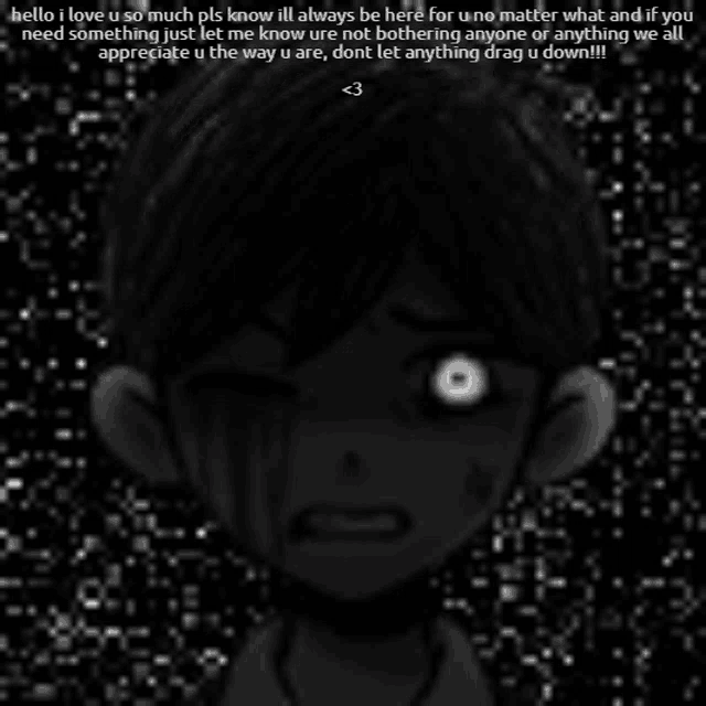 a black and white image of a boy with a glowing eye and a message .
