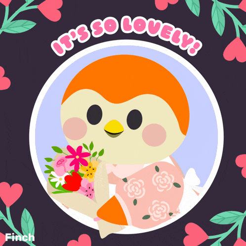 a picture of a bird holding flowers with the words it 's so lovely