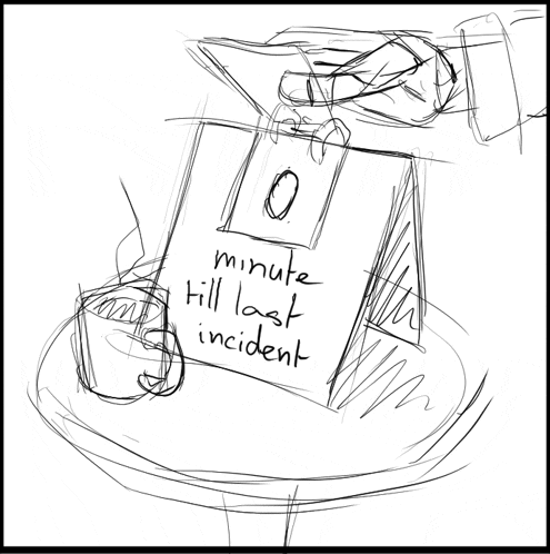 a black and white drawing of a sign that says " 0 minute till last incident "