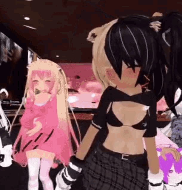 three anime girls are standing next to each other in a room .