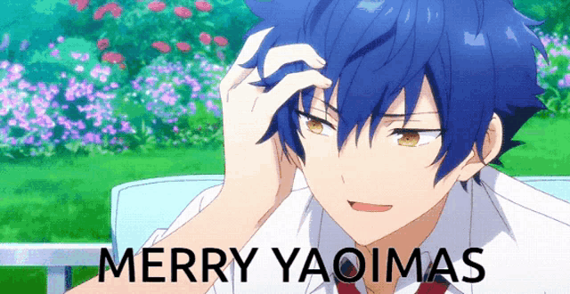 a picture of a boy with blue hair and the words merry yaoimas on the bottom