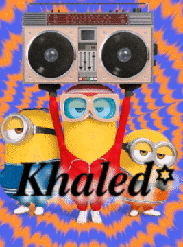 a minion is holding a boombox over his head and the name khaled is on the bottom