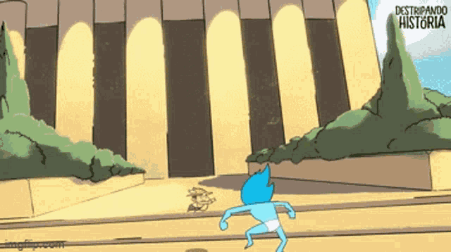 a cartoon character is running in front of a building that says " destripando historia " on the bottom