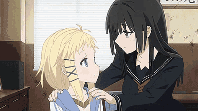two anime girls are looking at each other in a room with chinese writing on the wall