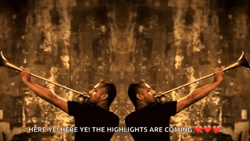 a man playing a trumpet with the words here ye here ye the highlights are coming below him