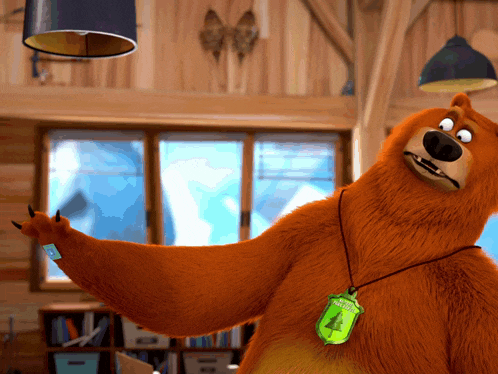 a cartoon bear wearing a necklace with a green pendant that says " i love you " on it