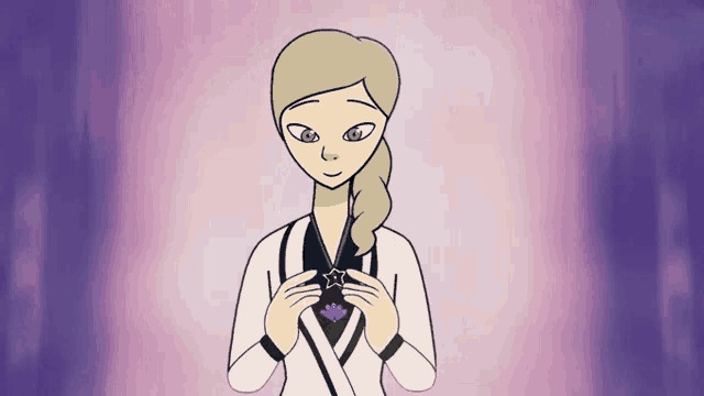 a cartoon girl is holding a necklace with a star and a flower on it