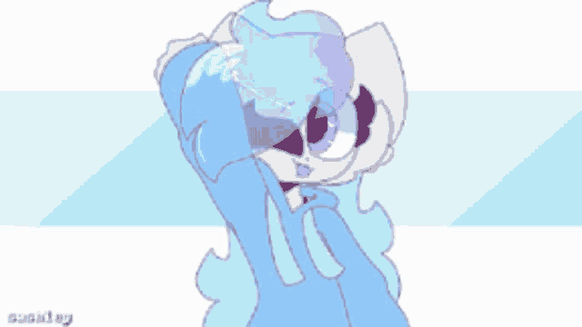 a drawing of a cartoon character with a blue hoodie and purple hair