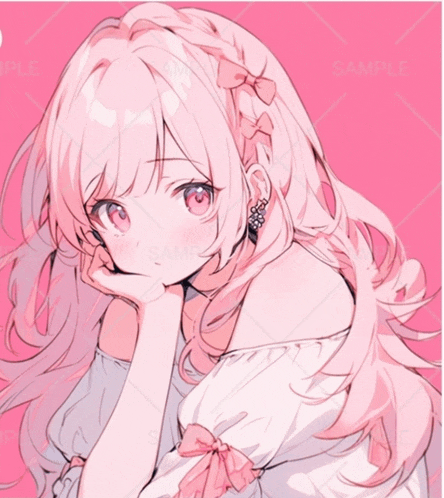 a girl with pink hair and red eyes is on a pink background that says sample
