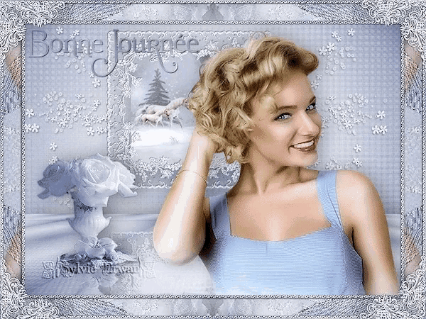 a picture of a woman with the words bonne journee written above her