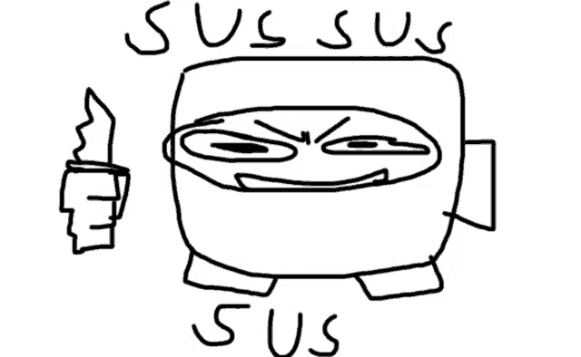 a black and white drawing of a pot with a knife and the words sus written on it .
