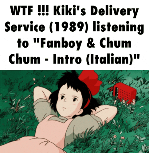 a cartoon of a girl laying in the grass with the words wtf kiki 's delivery service ( 1989 ) listening