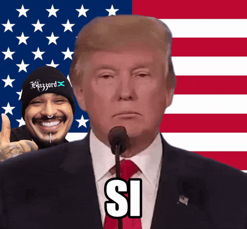 donald trump is giving a speech in front of an american flag with a man wearing a hat that says wizzard