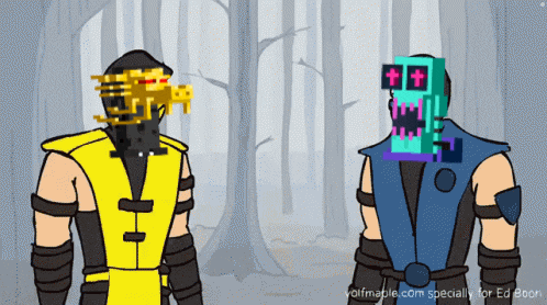 a cartoon of scorpion and sub zero standing in a forest