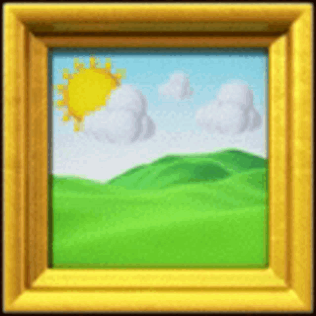 a picture in a gold frame shows a sun and clouds