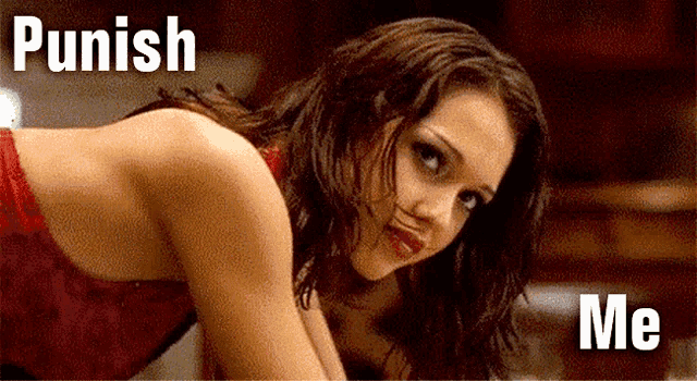 a woman in a red top is kneeling down with the words punish me above her