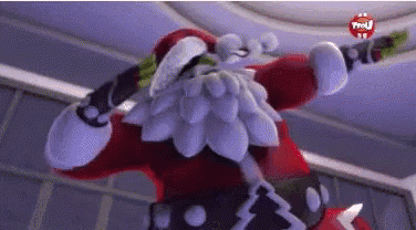 a cartoon character dressed as santa claus is holding a sword in his hands .