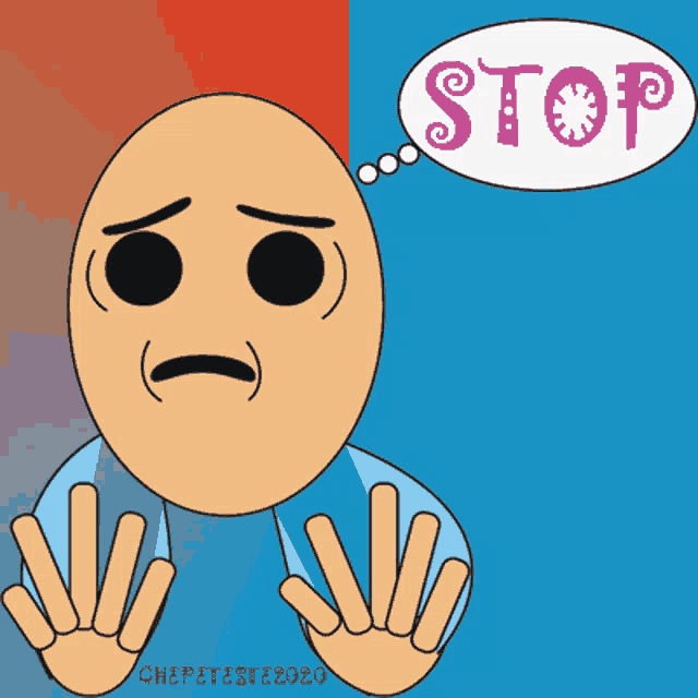 a cartoon drawing of a man with a thought bubble that says stop