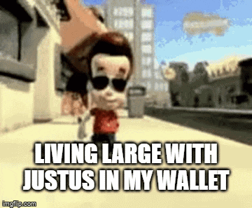 a cartoon character with the words living large with justus in my wallet on the bottom
