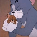 a cartoon cat is holding a small brown dog in its mouth .