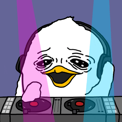 a cartoon drawing of a duck wearing headphones playing music