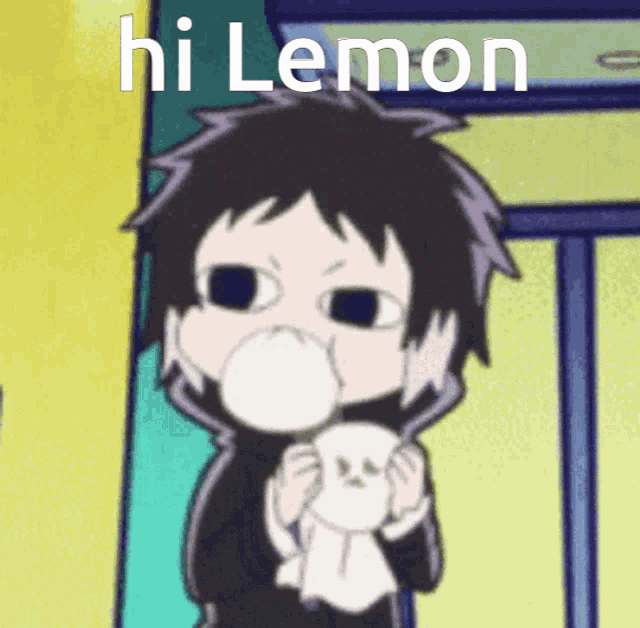 a cartoon character blowing a bubble with the words hi lemon
