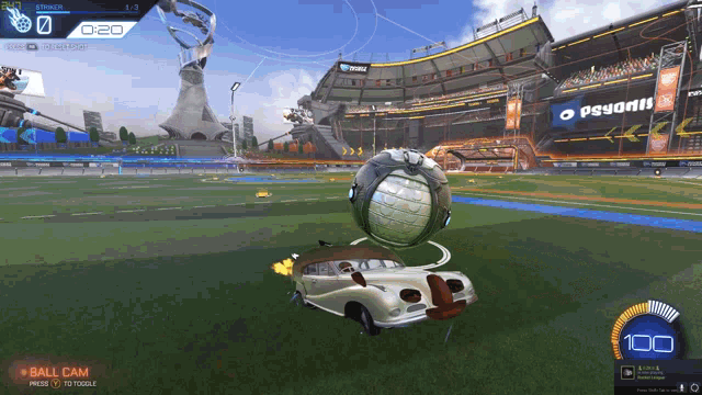 a rocket league game is being played and a car is flying through the air