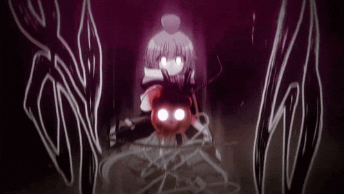 a cartoon character with red eyes is surrounded by a purple background