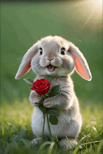 a bunny rabbit holding a red rose in its paws