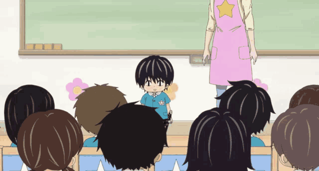 a teacher in a pink apron with a yellow star on it stands in front of a group of children