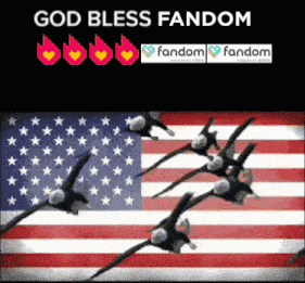 a group of eagles flying in front of an american flag with the words god bless fandom
