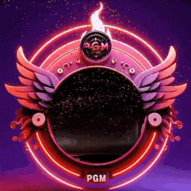 a red and purple circle with wings and a flame in the center .