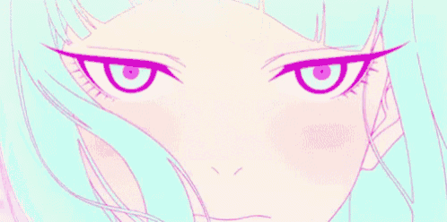 a close up of a girl 's face with pink eyes and a purple eyebrow .