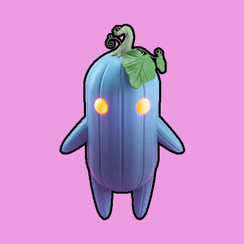 a blue cartoon character with yellow eyes and a leaf on top
