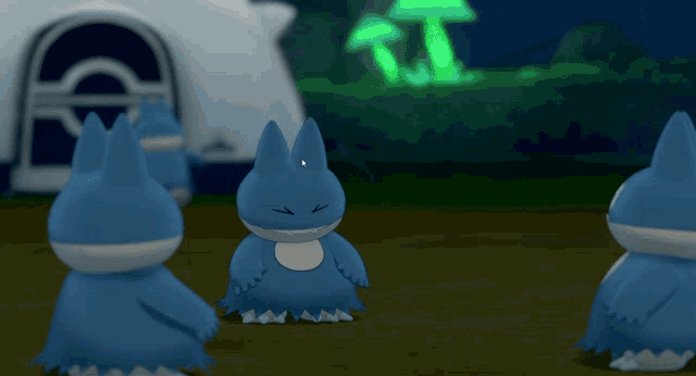 a group of blue cartoon characters are standing in front of a white tent