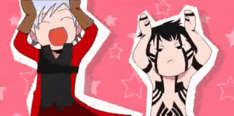 two anime characters are standing next to each other with their hands on their head .
