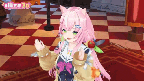 a 3d anime girl with pink hair and green eyes
