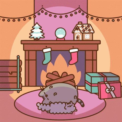 a cat is laying in front of a fireplace with christmas stockings on it