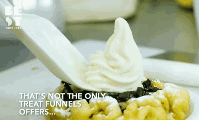 a spoonful of ice cream is on a plate with the words that 's not the only treat funnels offers at the bottom