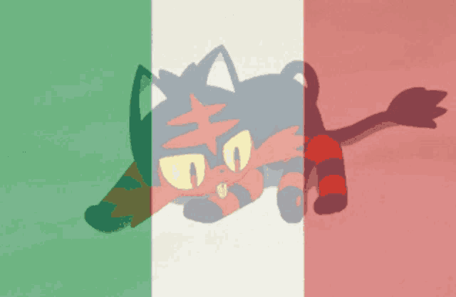a drawing of a cat laying on a green and red background