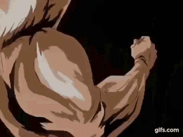 a cartoon of a man flexing his muscles with a black background .