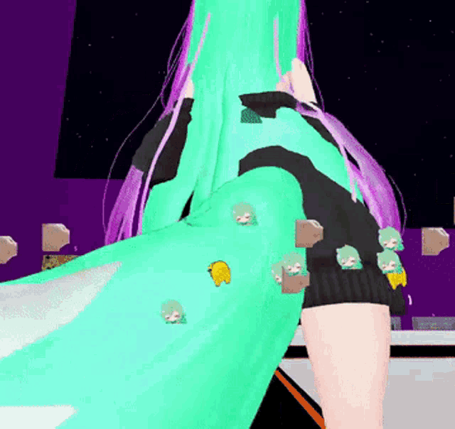 a cartoon character with green hair and purple hair is standing in front of a purple background