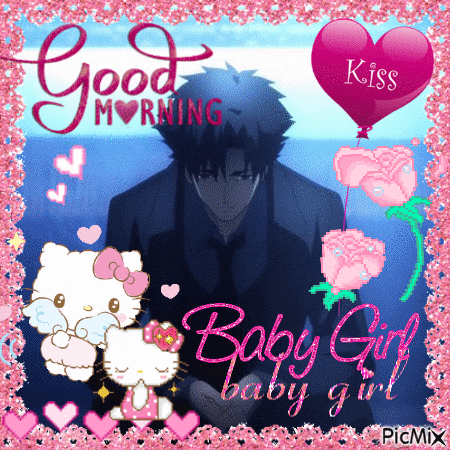 a picture of a man and hello kitty with the words good morning baby girl on it