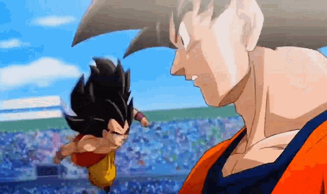 a cartoon of goku and vegeta fighting in front of a crowd of people