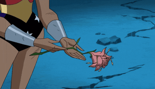 a cartoon of wonder woman holding a rose in her hand