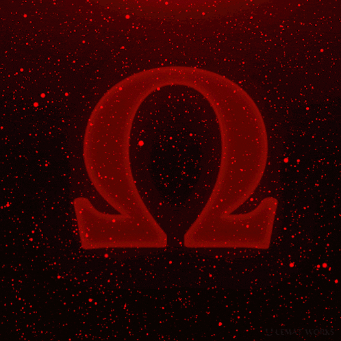 a red omega symbol on a black background with red dots