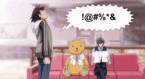 a teddy bear sitting on a pink couch with a speech bubble that says ! @ # % * &