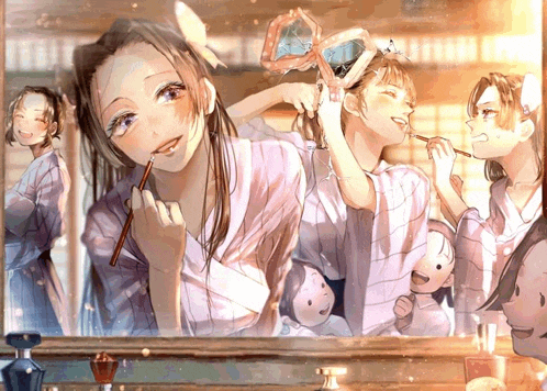 a group of anime girls are looking at their faces in a mirror