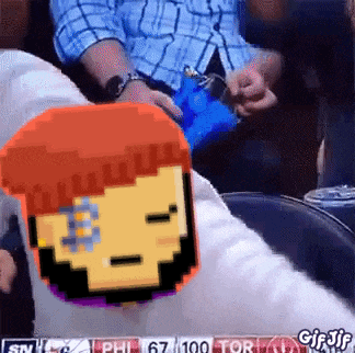 a man is sitting in a chair with a pixelated image of a man with a beard behind him